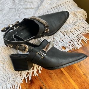 Western Moto Buckle Black Mules, Size 8.5